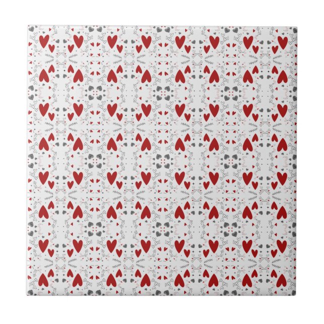 Red and Black Retro Hand Drawn Hearts Love  Tile (Front)