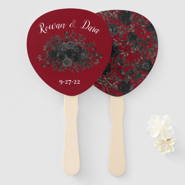 Red and Black Rose Gothic Wedding Fans (Front and Back)