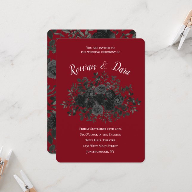 Red and Black Rose Gothic Wedding Invitations (Front/Back In Situ)