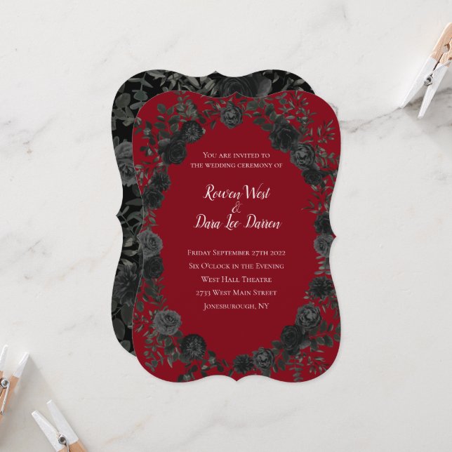 Red and Black Rose Gothic Wedding Invitations (Front/Back In Situ)