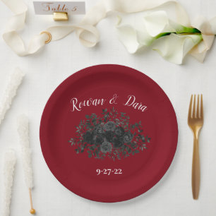 Red and Black Rose Gothic Wedding Paper Plates