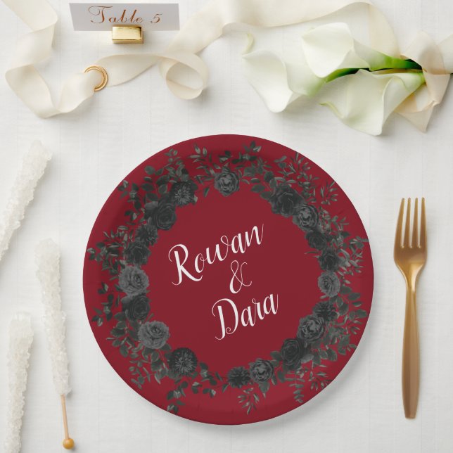 Red and Black Rose Gothic Wedding Paper Plates (Wedding)