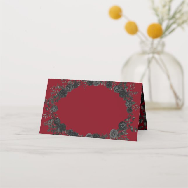 Red and Black Rose Gothic Wedding Place Cards (Front)