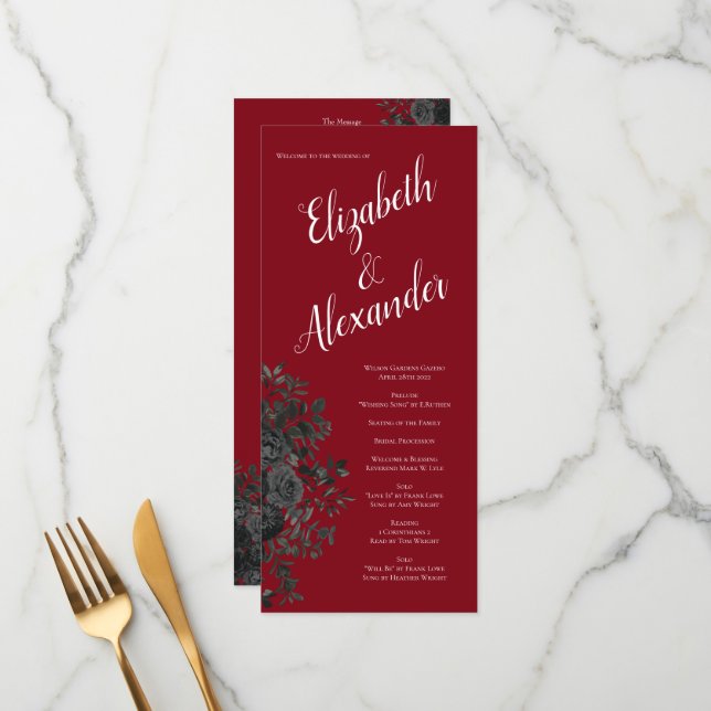 Red and Black Rose Gothic Wedding Programs Menu (Front/Back In Situ)