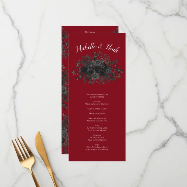 Red and Black Rose Gothic Wedding Programs Menu (Front/Back In Situ)
