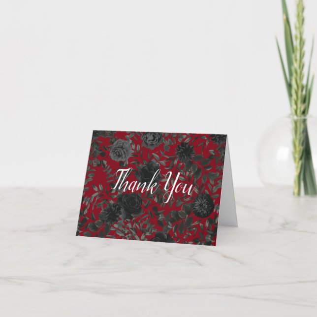 Red and Black Rose Gothic Wedding Thank You Card (Front)