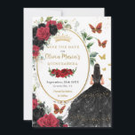 Red and Black Roses Floral Quinceañera  Save The Date<br><div class="desc">Personalize this pretty red and black floral Quinceañera / Sweet 16 birthday save the date easily and quickly. Simply click the customize it further button to edit the texts, change fonts and fonts colors. Featuring a girl dressed in a beautiful glittery black ball gown, vibrant red and black roses, butterflies...</div>