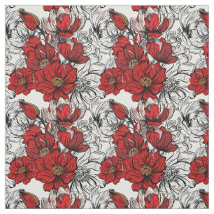 Red and Black Roses Pattern Flower Outline Fabric