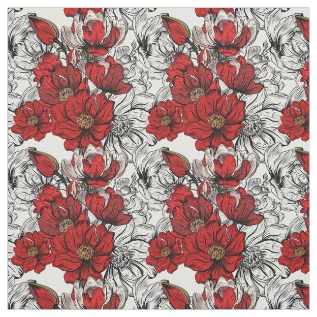 Red and Black Roses Pattern Flower Outline Fabric (Swatch)