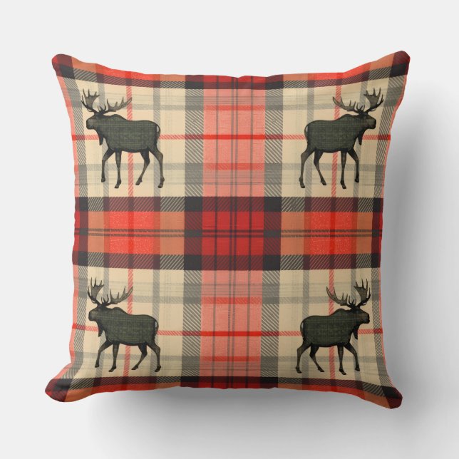 Red and Black Rustic Moose Plaid Pattern Cushion (Front)