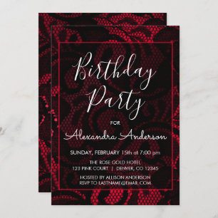 Red and Black Satin Lace Any Age Birthday Party Invitation