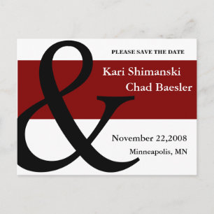 Red and black save the date announcement postcard