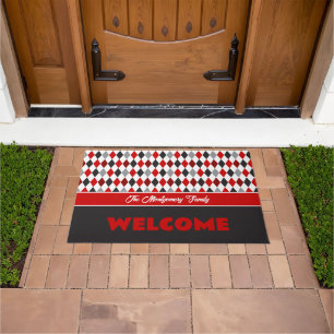 Red and Black School Colours Argyle Pattern Doormat