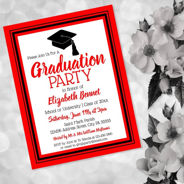 Red and Black School Colours Grad Party Invitation Postcard (Creator Uploaded)