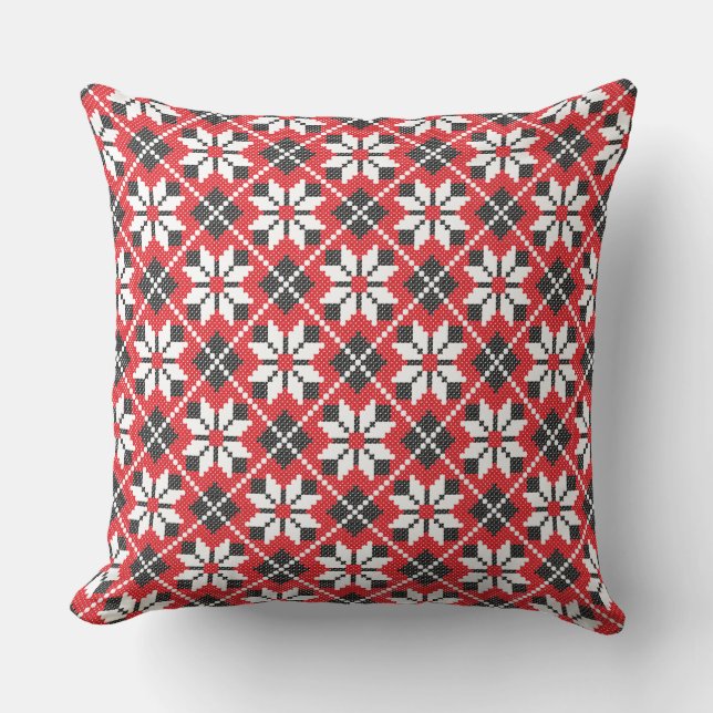 Red and black seamless cross-stitch pattern cushion (Front)