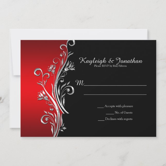 Red and Black Silver Ornate Swirls RSVP Announcement (Front)