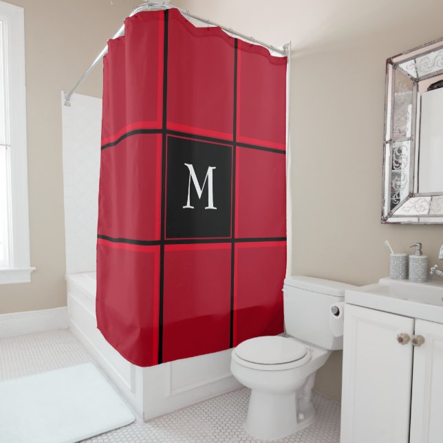 Red and Black Single Initial Christmas Shower Curtain (In Situ)