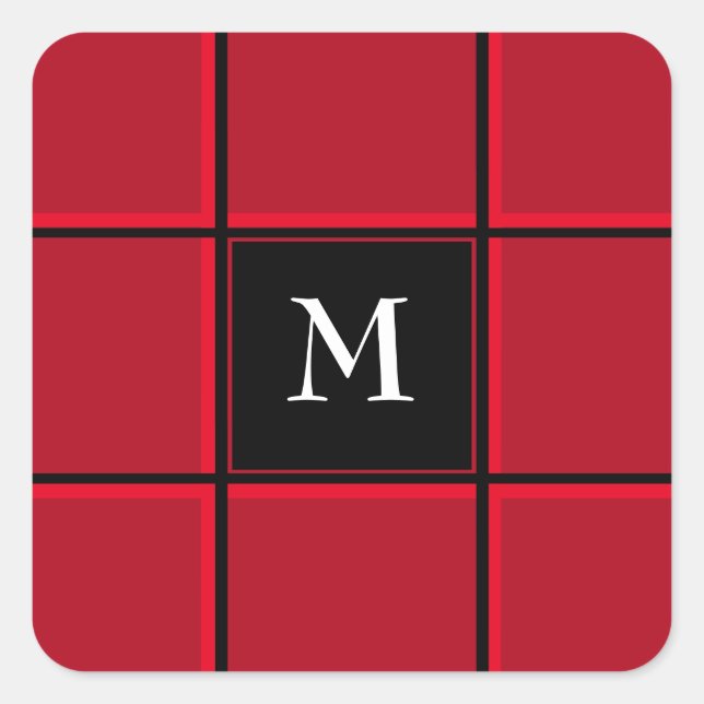 Red and Black Single Initial Christmas Square Sticker (Front)