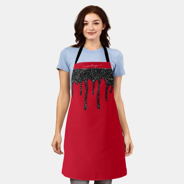 Red and Black Sparkle Glitter Drips Personalised Apron (Worn)