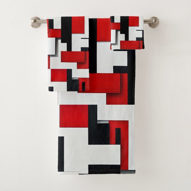 Red and black square pattern with a white backgrou bath towel set (Insitu)
