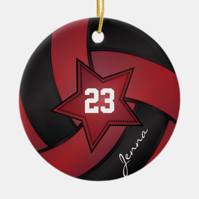 Red and Black Star Volleyball Ceramic Tree Decoration (Front)