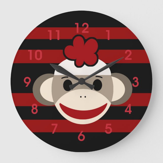 Red and Black Striped Sock Monkey Girl Flower Hat Large Clock (Front)