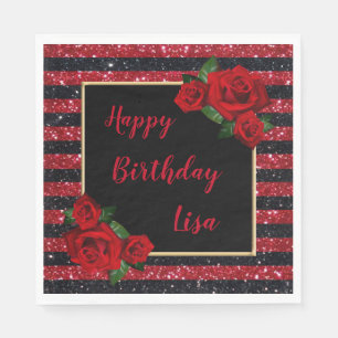 Red And Black Stripes Glitter Red Roses Birthday Napkin
