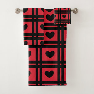 Red and Black Stripes Heart Valentines Day Pattern Bath Towel Set