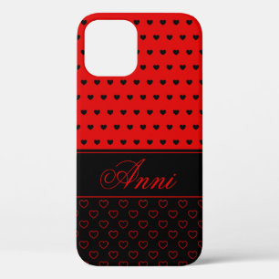 Red And Black, Stylish Hearts Pattern, Custom Name iPhone 12 Pro Case