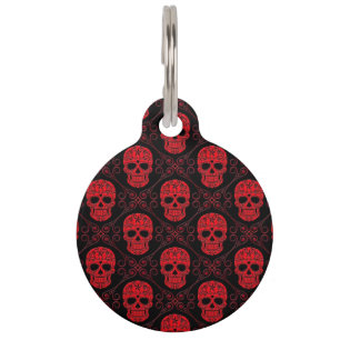 Red and Black Sugar Skull Pattern Pet Tag