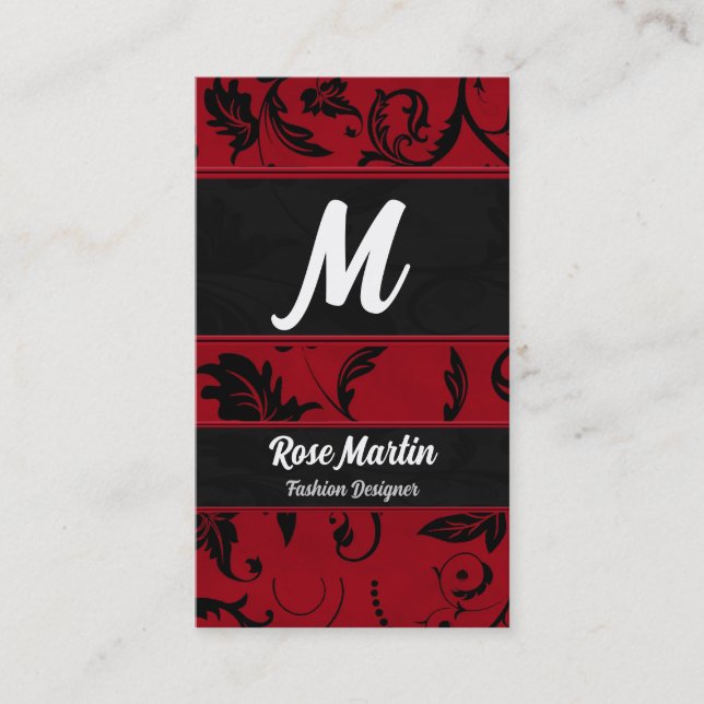 Red and Black Swirly Damask Monogram Business Card (Front)