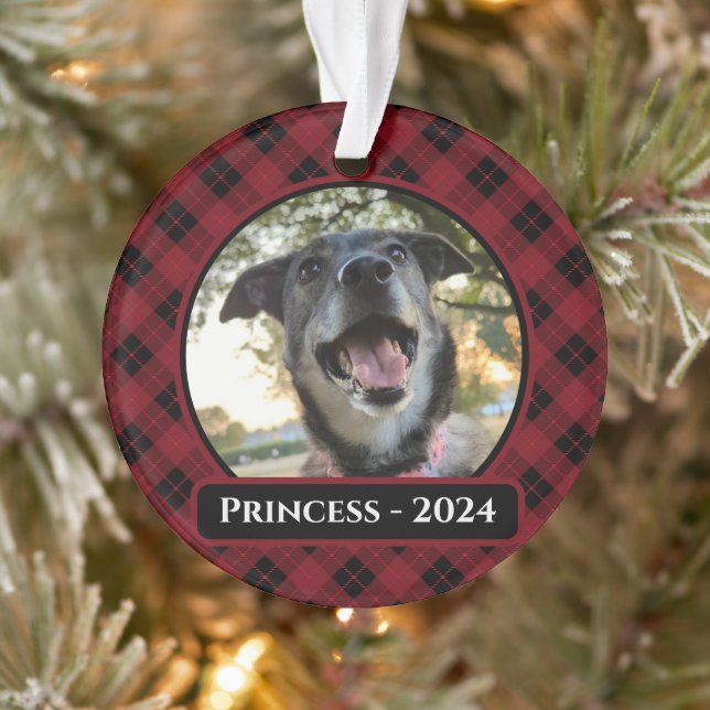 Red and Black Tartan Plaid Dog Photo Christmas Ornament (Tree)