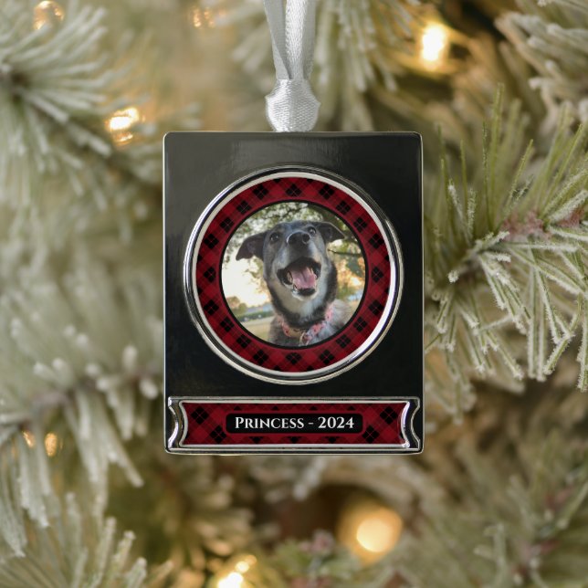 Red and Black Tartan Plaid Dog Photo Christmas Silver Plated Banner Ornament (Tree)