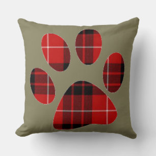 Red and Black Tartan Plaid Paw Print Cushion