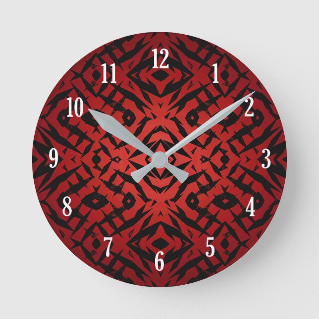 Red and black tribal shapes pattern round clock (Front)
