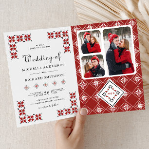 Red and Black Ukrainian Embroidery QR Code Wedding Invitation