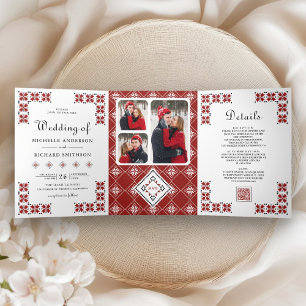 Red and Black Ukrainian Embroidery QR Code Wedding Tri-Fold Invitation