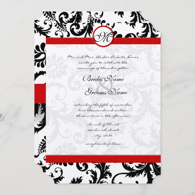 Red and Black Victorian Damask Wedding Invitation (Front/Back)