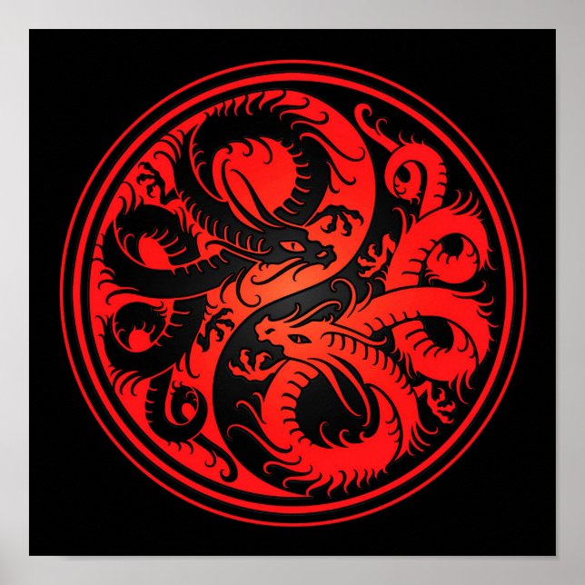 Red and Black Yin Yang Chinese Dragons Poster (Front)