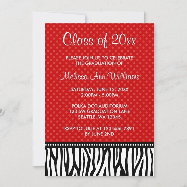 Red and Black Zebra Polka Graduation Announcement (Front)