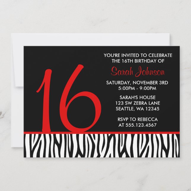 Red and Black Zebra Sweet 16 Number Birthday Invitation (Front)