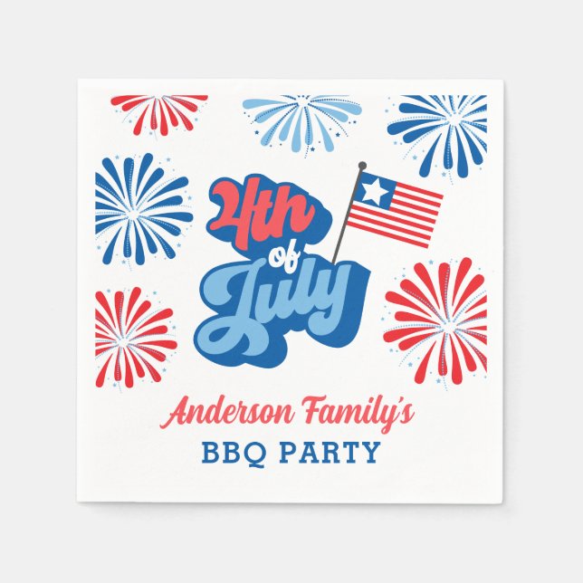 Red and Blue 4th of July Fireworks Retro BBQ Party Napkin (Front)