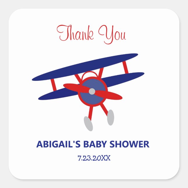 Red and Blue Aeroplane Baby Shower Square Sticker (Front)