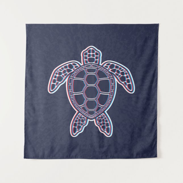Red And Blue Anaglyph 3D Glitch Effect Sea Turtle Tapestry (Front)