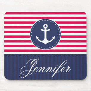 Red and Blue Anchor Design Customisable Name Mouse Pad
