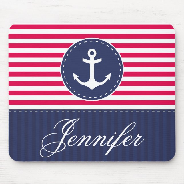 Red and Blue Anchor Design Customisable Name Mouse Pad (Front)