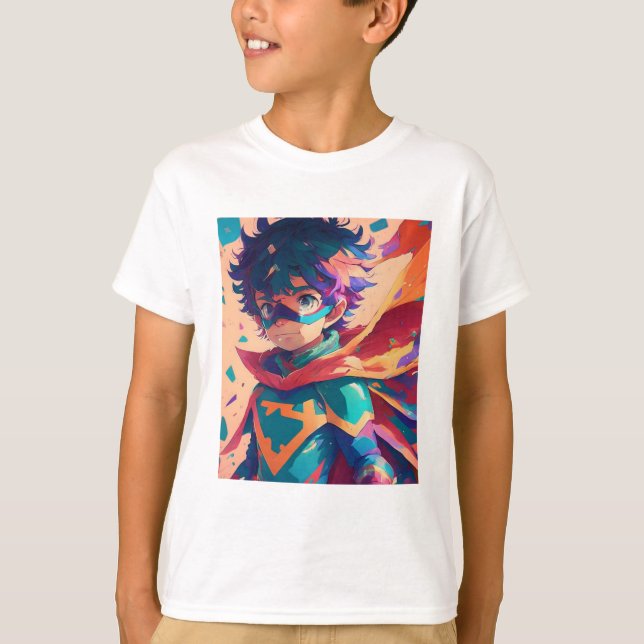 Red and Blue Anime Superhero Boy  T-Shirt (Front)