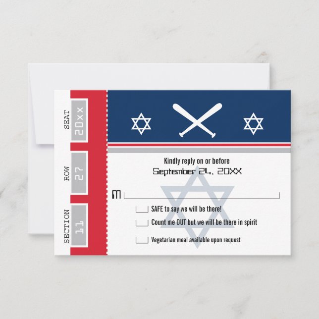 Red and Blue Bar Mitzvah Baseball Ticket RSVP Card (Front)