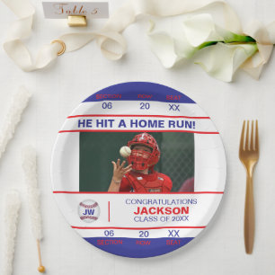 Red and Blue Baseball Admission Ticket Graduate Paper Plate