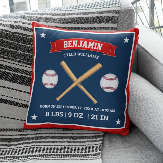 Red and Blue Baseball Bats and Balls Birth Stats Cushion (Creator Uploaded)